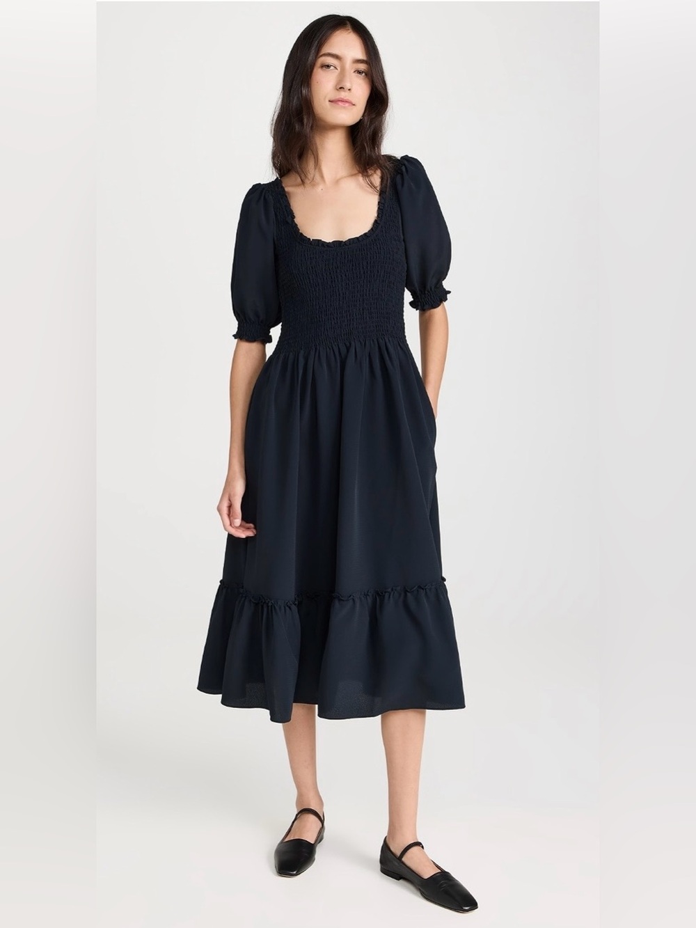 The Hill House Louisa Nap Dress Black Smocked Midi Low Back Full Skirt Puff